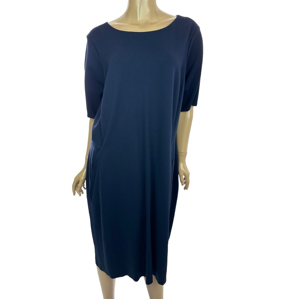 Lands End Womens Dress Sz 24W Knit Navy Blue Back Zip Short Sleeve Rayon,Nylon